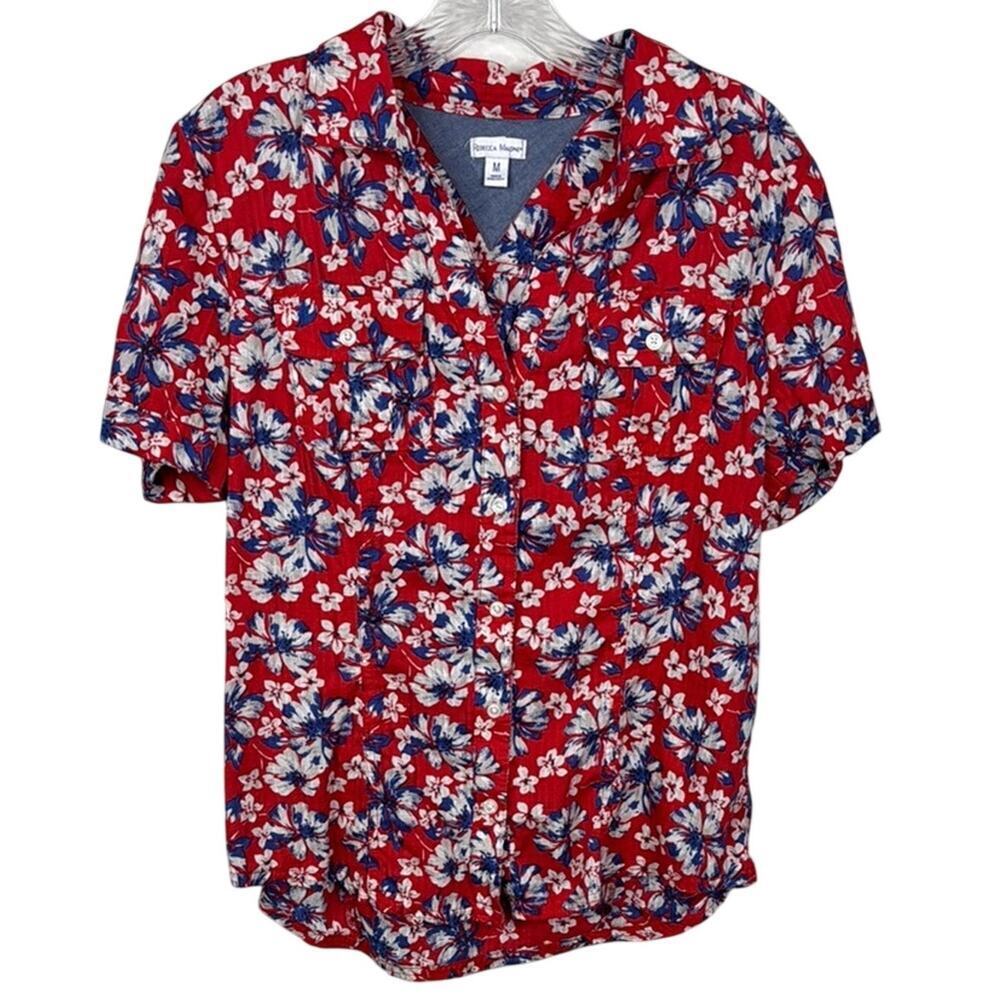 Rebecca Malone Medium M Red Blue Floral Button Down Shirt 100% Cotton Blouse